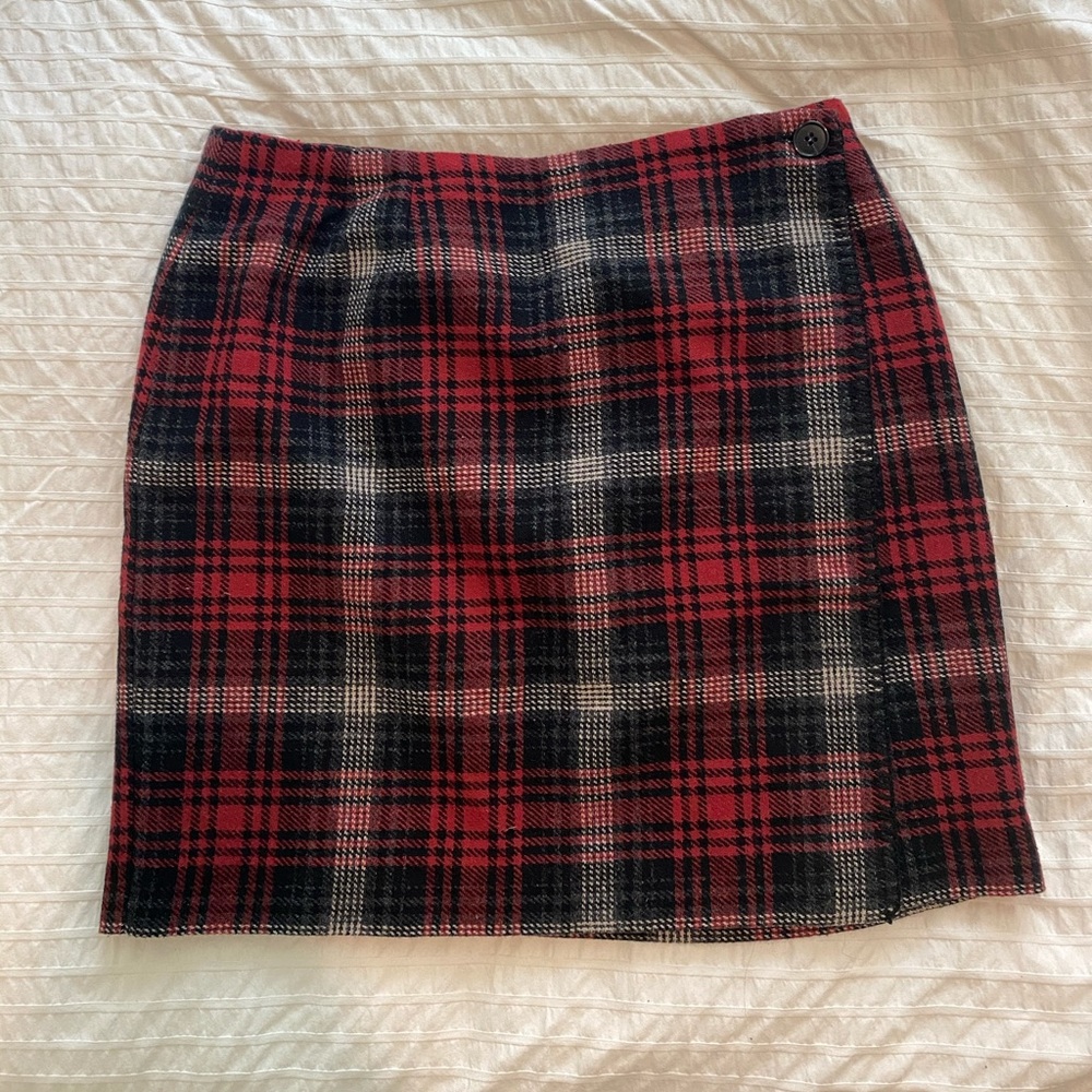 Herman Geist plaid red wool skirt
